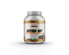 Muscleology Nitro-Up bottle and label showcasing premium protein for workouts