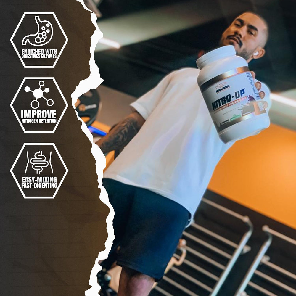 Muscleology Nitro-Up digestive enzymes label supports digestion and nutrient uptake.
