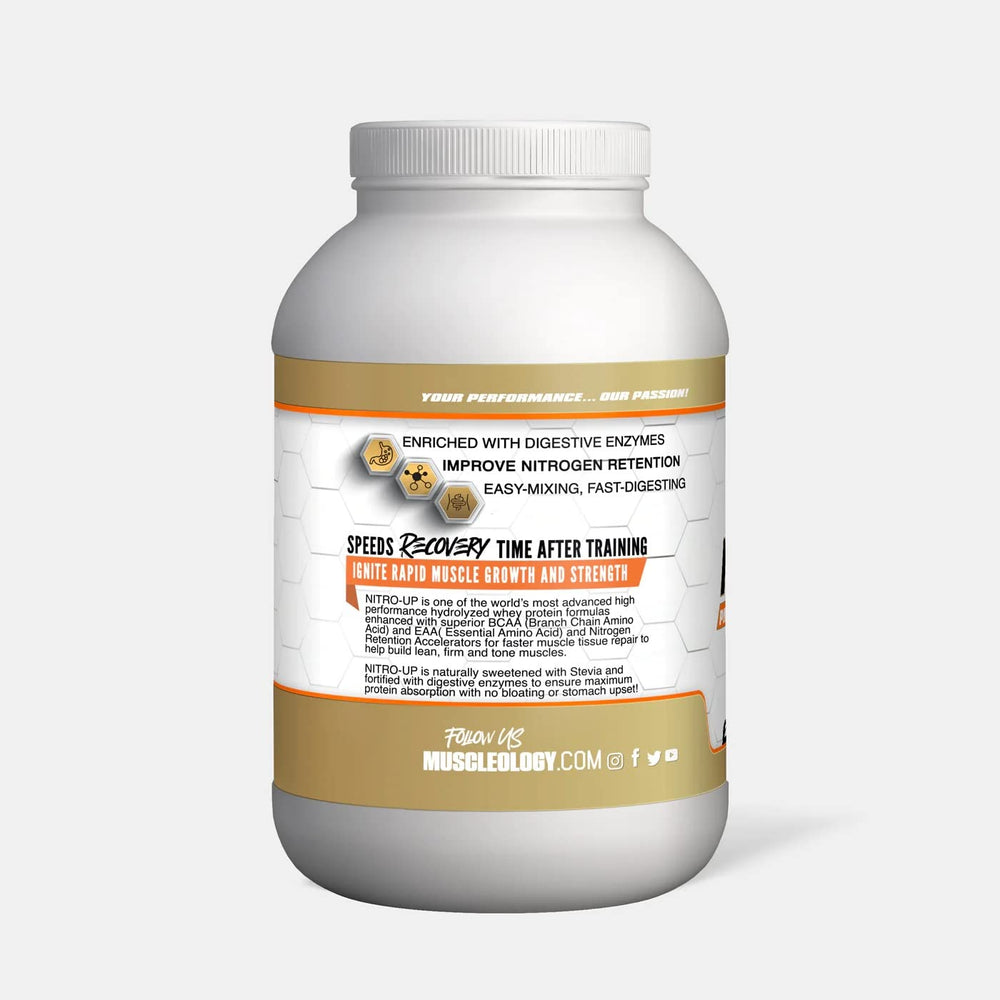 Muscleology Nitro-Up tub side highlights 25g protein per serving and digestive enzymes.