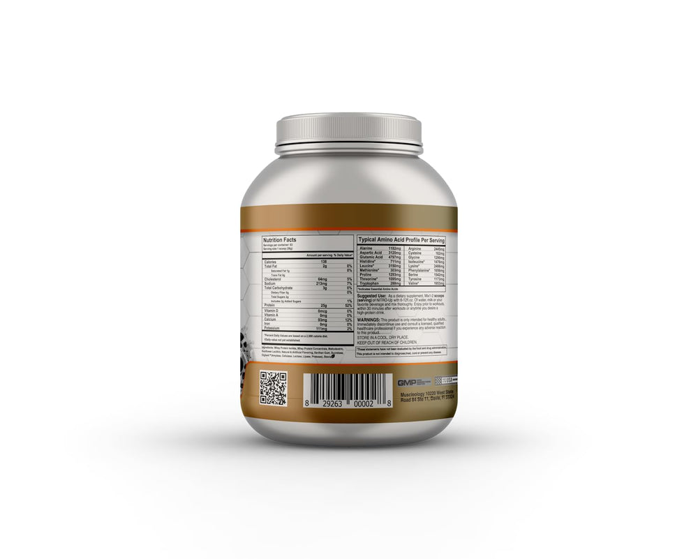 Muscleology Nitro-Up whey powder jar in Cookies & Cream flavor