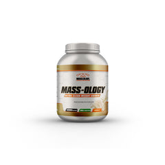 MUSCLEOLOGY Weight Gainer bottle shows premium protein blend for muscle support