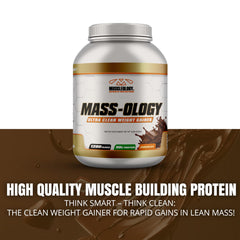 MUSCLEOLOGY Weight Gainer measuring scoop beside bottle for easy use