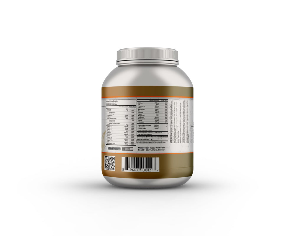 MUSCLEOLOGY Weight Gainer packaging communicates a clean sugar-light formula