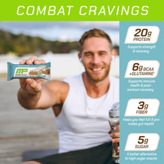 MusclePharm Cinnamon Roll bar highlights 20g protein per serving for recovery support.