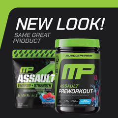 MusclePharm Assault blue raspberry scoop for easy pre-workout mixing