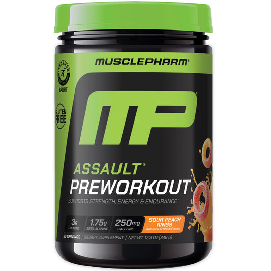 MusclePharm Assault front tub showcasing the pre-workout formula for training sessions.