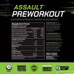 MusclePharm Assault ingredients panel shows caffeine and beta-alanine.