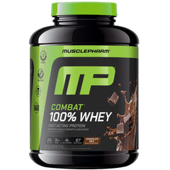 MusclePharm Combat 100% Whey chocolate milk canister shows premium protein formula for athletes.