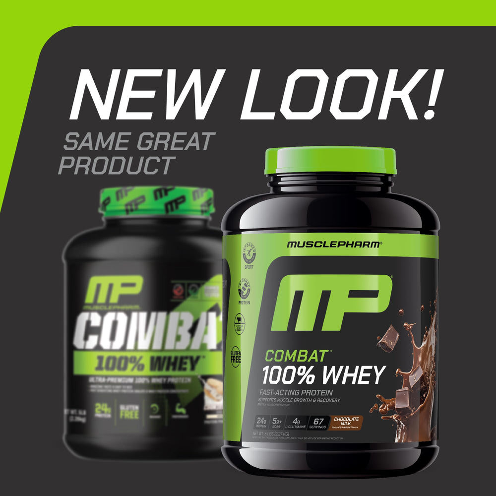 Pouring MusclePharm Combat 100% Whey chocolate milk shake after training for quick nutrition.