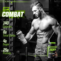MusclePharm Combat Protein Powder label front emphasizes gluten-free formulation.