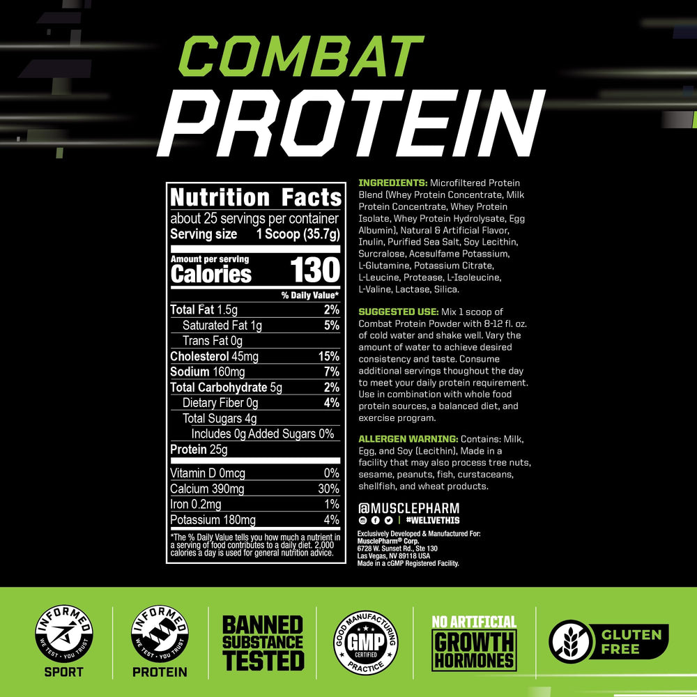 MusclePharm Combat Protein Powder shake in glass demonstrates versatile pre- or post-workout fueling