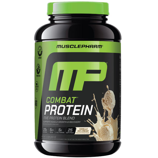MusclePharm Combat Protein Powder vanilla tub shows a high-quality protein blend for post-workout support