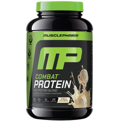 MusclePharm Combat Protein Powder vanilla tub shows a high-quality protein blend for post-workout support