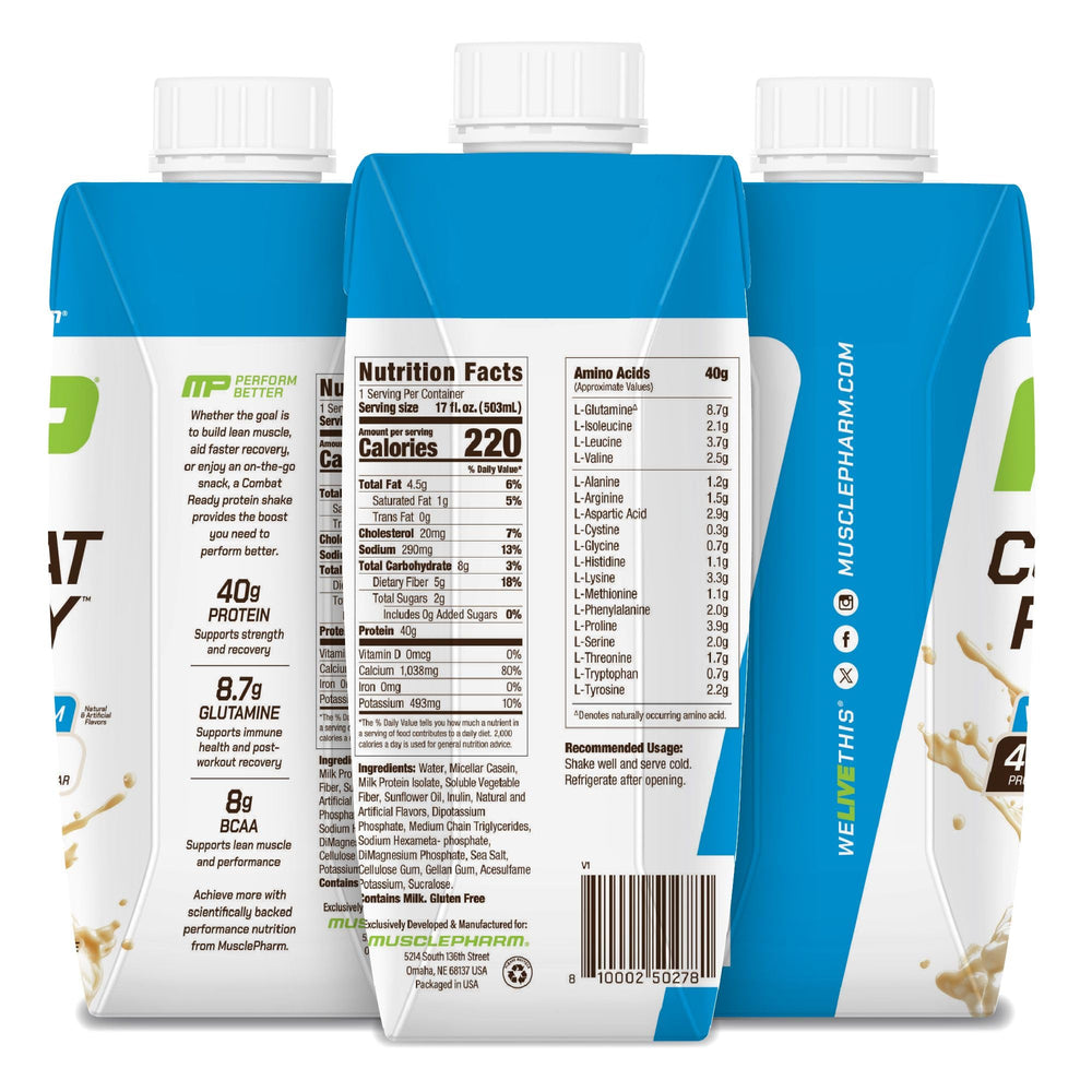 MusclePharm Combat Ready vanilla shake poured for immediate enjoyment