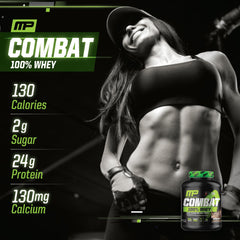 Close-up of MusclePharm Combat Whey Cappuccino label highlighting ingredients