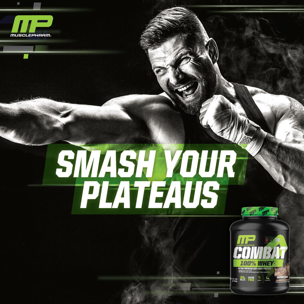 Scoop of MusclePharm Combat Whey Cappuccino ready to mix