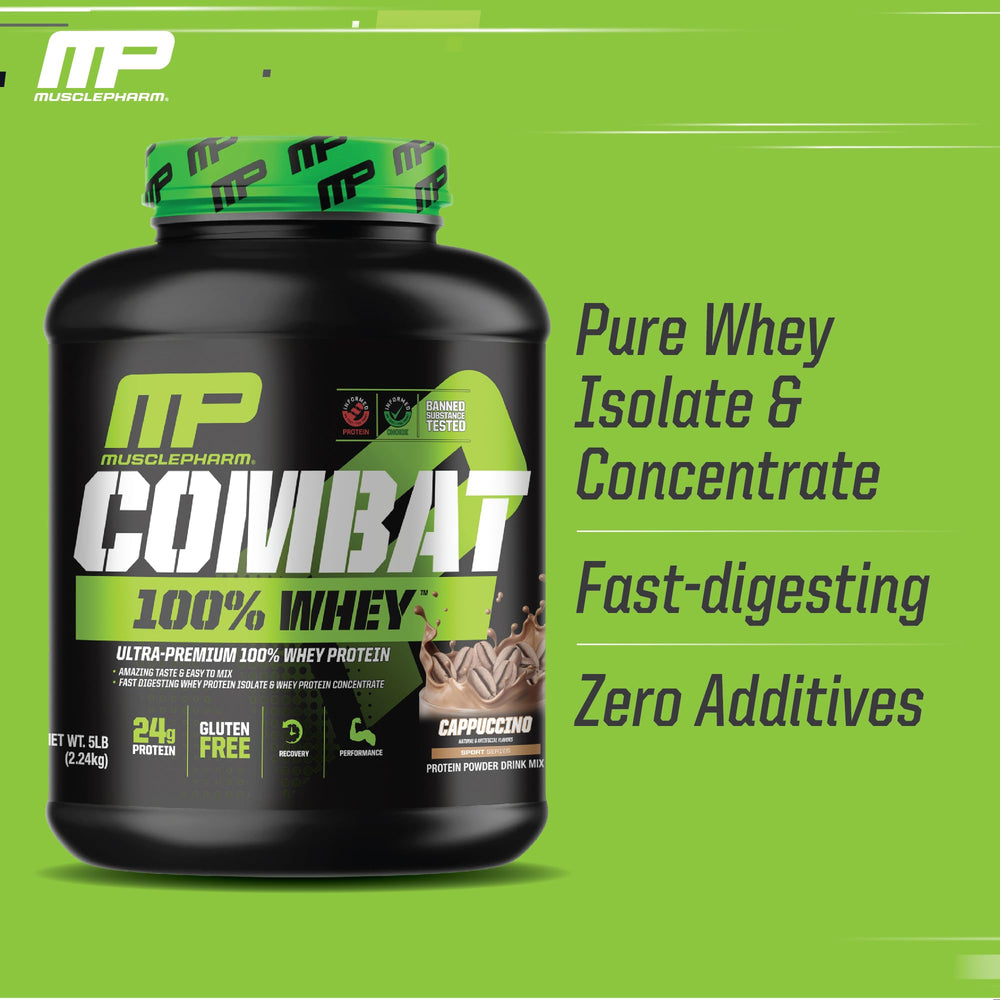 Shake with MusclePharm Combat Whey Cappuccino delivering a creamy caffeinated shake