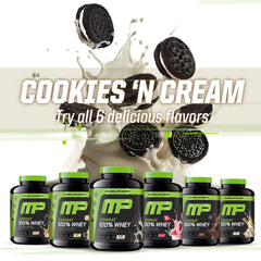 MusclePharm Combat Whey Cookies N Cream packaging shows gluten-free and dye-free.