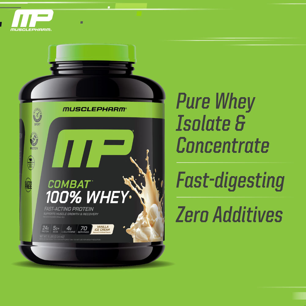 MusclePharm Combat vanilla bottle open suggests quick pre- or post-workout shakes.
