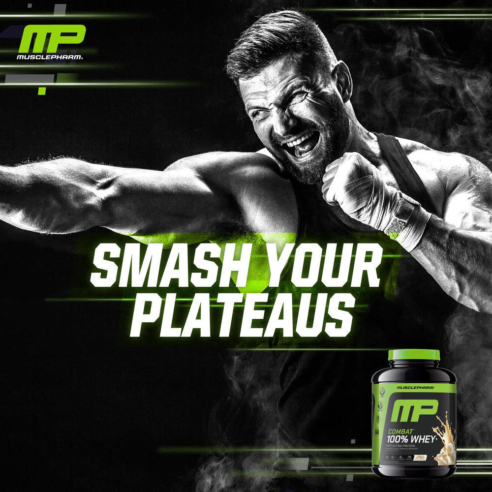 MusclePharm Combat label close-up highlights gluten-free and dye-free formula.