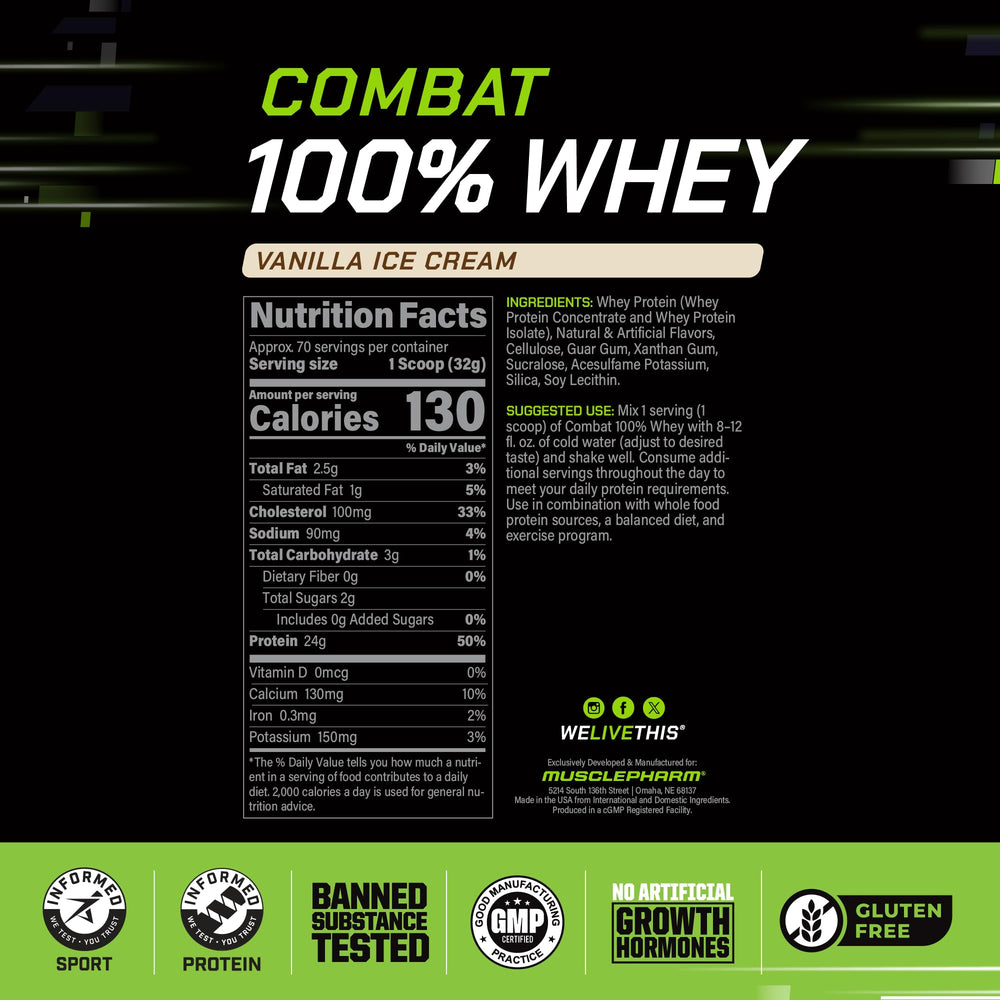 MusclePharm Combat vanilla scoop demonstrates measured servings.