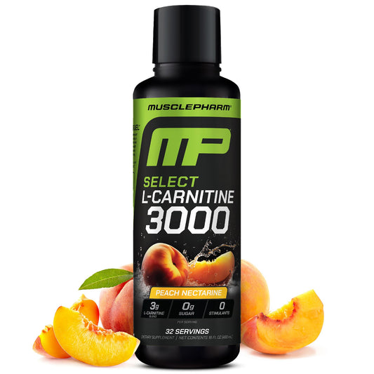 MusclePharm L-Carnitine 3000 bottle shows sugar-free, low-calorie workout refreshment.