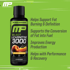 MusclePharm L-Carnitine 3000 label closeup highlights acetyl L-Carnitine and L-tartrate blend.