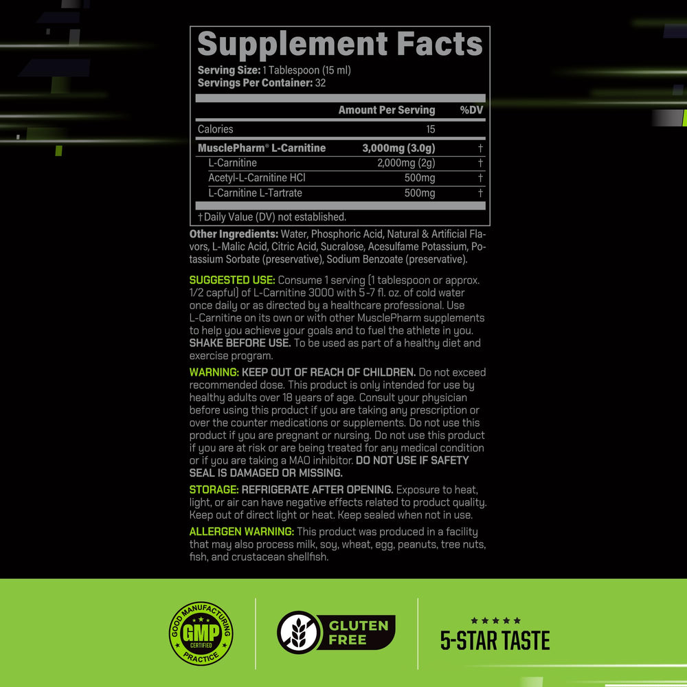 MusclePharm L-Carnitine 3000 liquid pour shown for post workout use