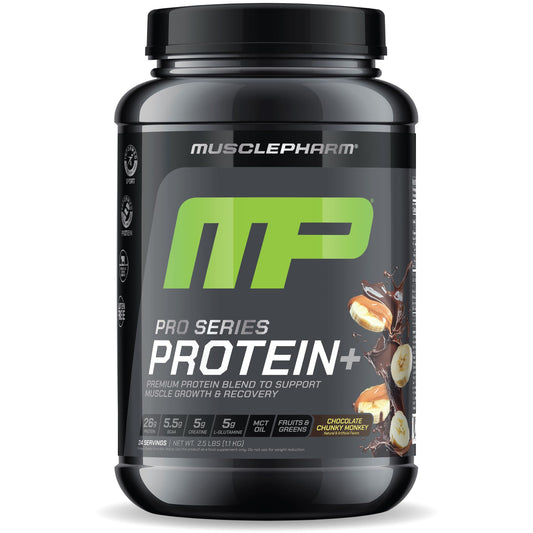 MusclePharm Pro Series Protein+ bottle label shows 26g protein per serving for workouts