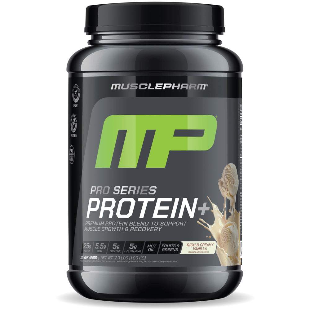 MusclePharm Pro Series Protein+ vanilla canister for high-protein shakes and muscle support.