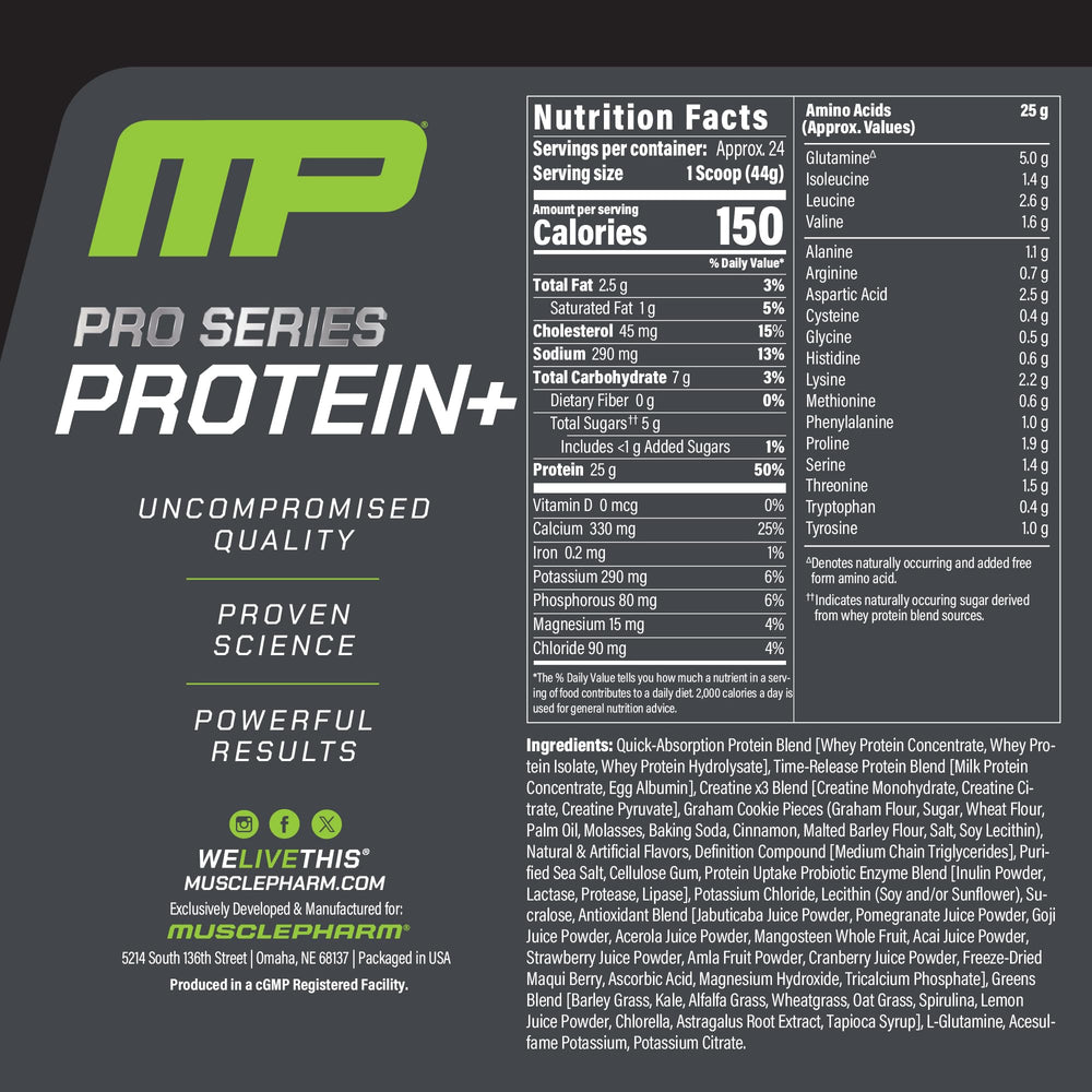 MusclePharm Pro Series Protein+ vanilla label closeup shows transparency and quality certifications.
