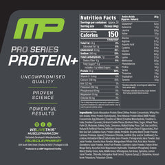 MusclePharm Pro Series Protein+ vanilla label closeup shows transparency and quality certifications.