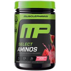 MusclePharm Select EAA + BCAAs Watermelon Crush powder in tub for post-workout recovery.
