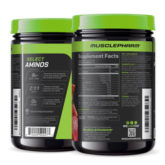 MusclePharm Select EAA + BCAA tub with bold flavor label.