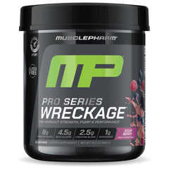 MusclePharm Wreckage pre-workout canister front view showing premium formula