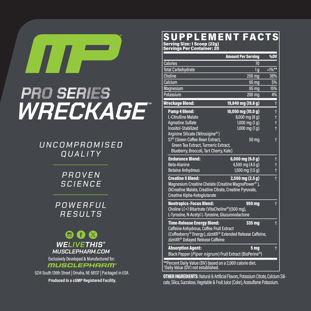 MusclePharm Wreckage pre-workout scoop dispensing for precise pre-training dosing
