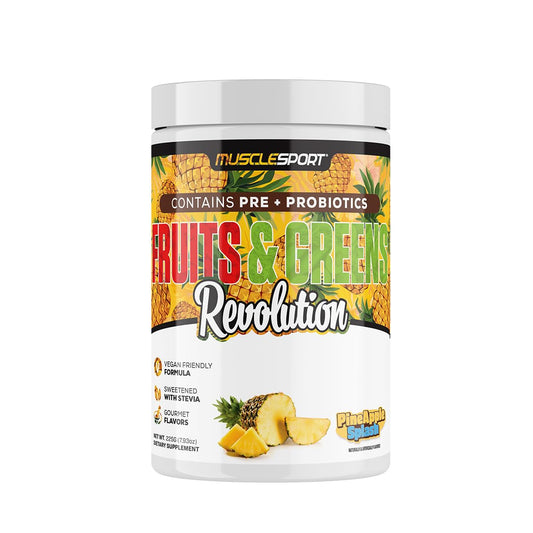 Musclesport Fruits & Greens Pineapple Splash bottle highlighting greens and probiotic support