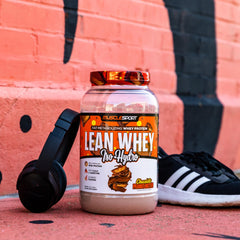 MuscleSport Lean Whey Revolution chocolate peanut butter powder ready to mix.