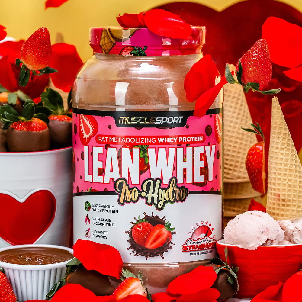 Musclesport Lean Whey Revolution flavor lineup in colorful packaging.