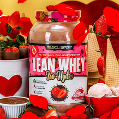 Musclesport Lean Whey Revolution flavor lineup in colorful packaging.
