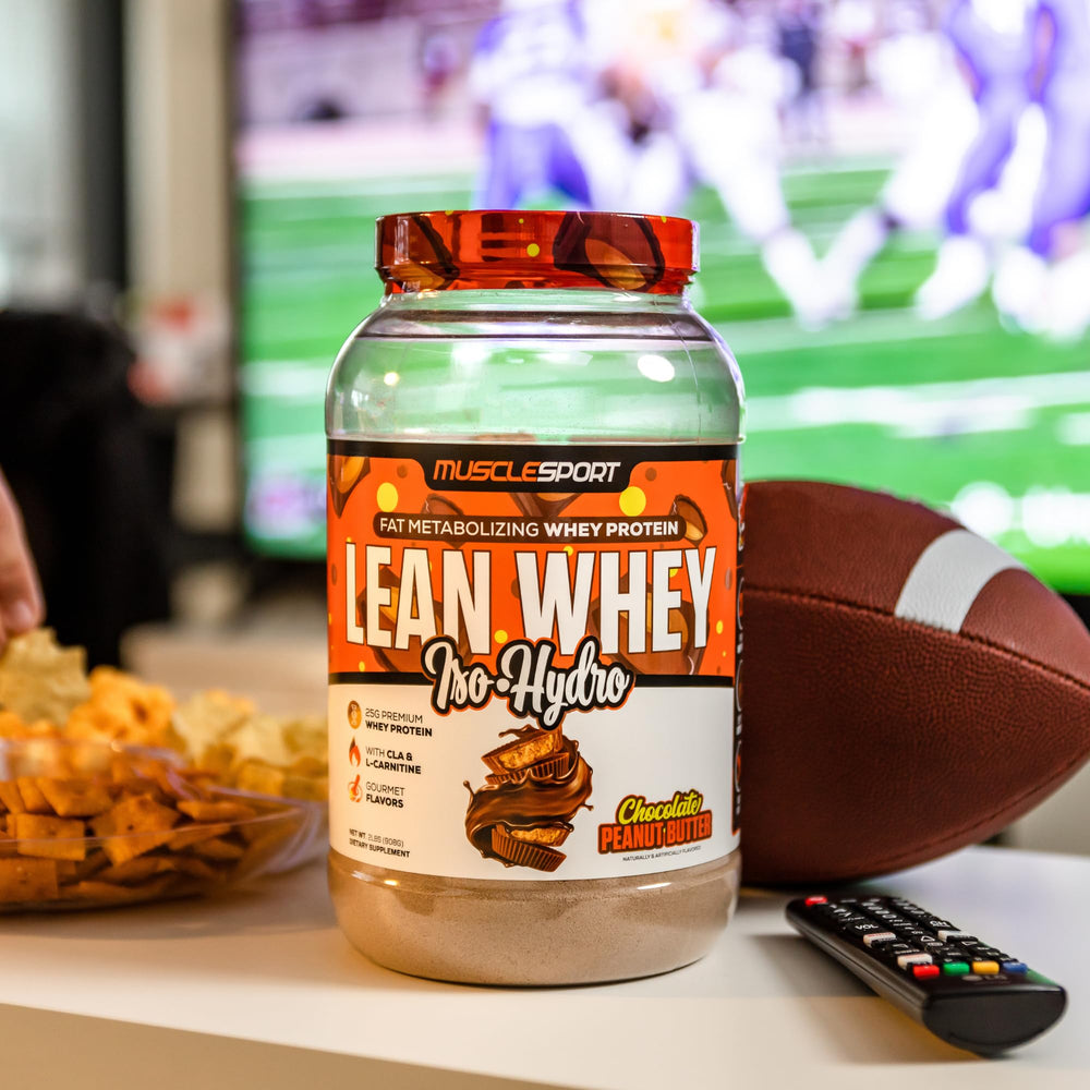 MuscleSport Lean Whey Revolution nutrition facts panel shows protein per serving.
