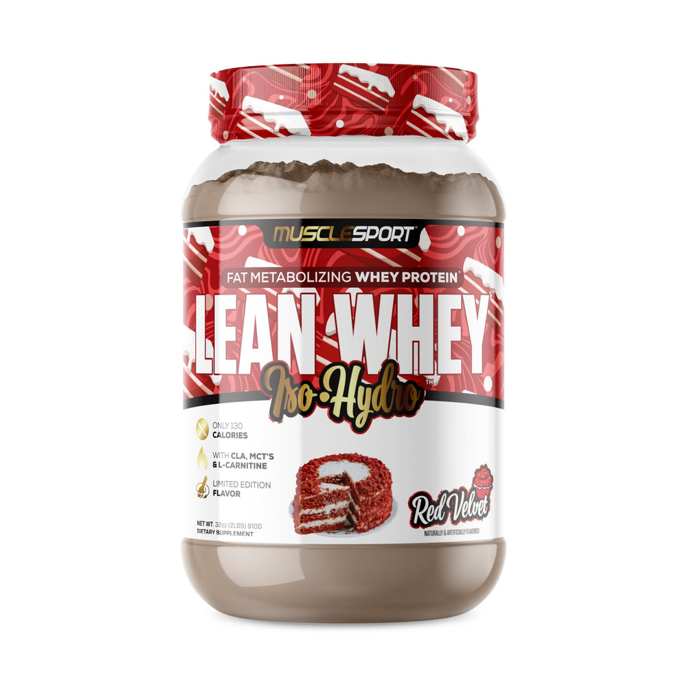 Musclesport Lean Whey Revolution tub in red velvet flavor, front view for post-workout protein.