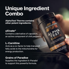 MuscleTech AlphaTest Thermo bottle on desk suggests routine supplementation for workouts.