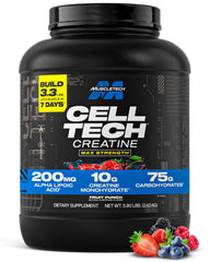 MuscleTech Cell-Tech creatine powder bottle shown for post-workout support.