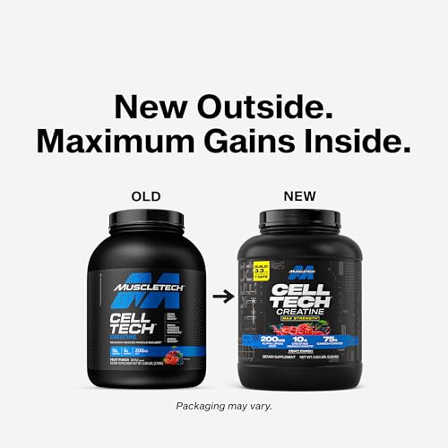 MuscleTech Cell-Tech Fruit Punch powder with scoop for easy mixing.