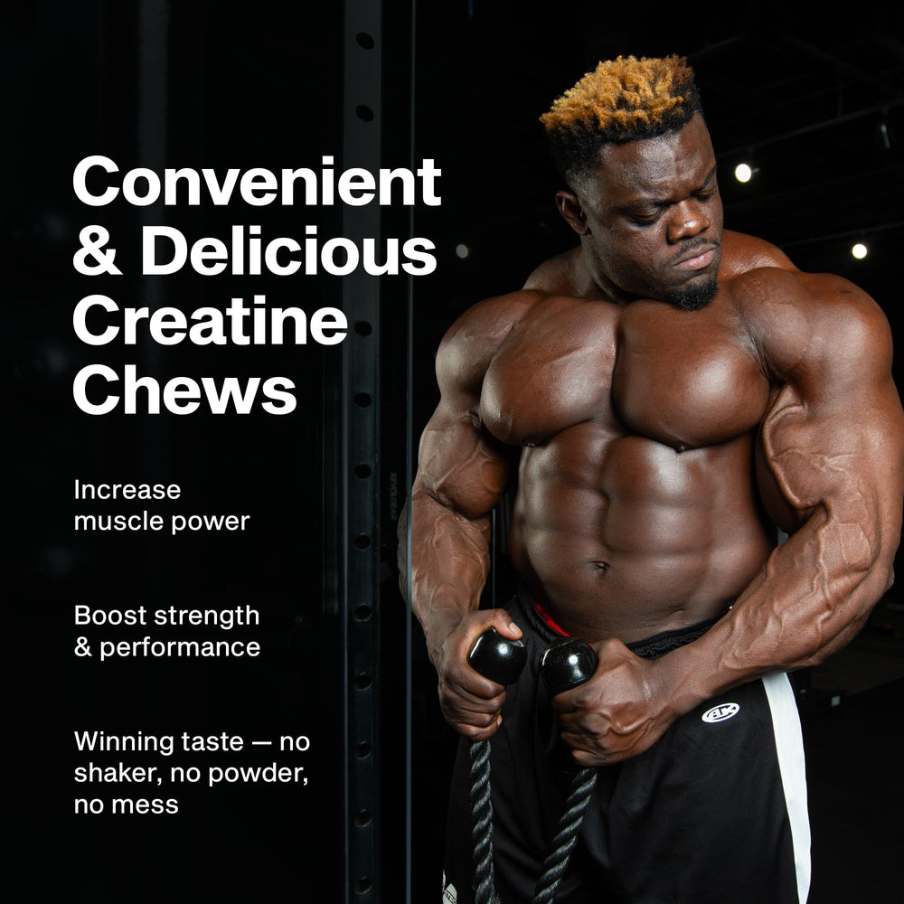 Close-up of MuscleTech Creatine Chews tablets showing 3 g Creapure per serving