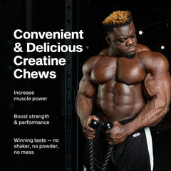 Close-up of MuscleTech Creatine Chews tablets showing 3 g Creapure per serving