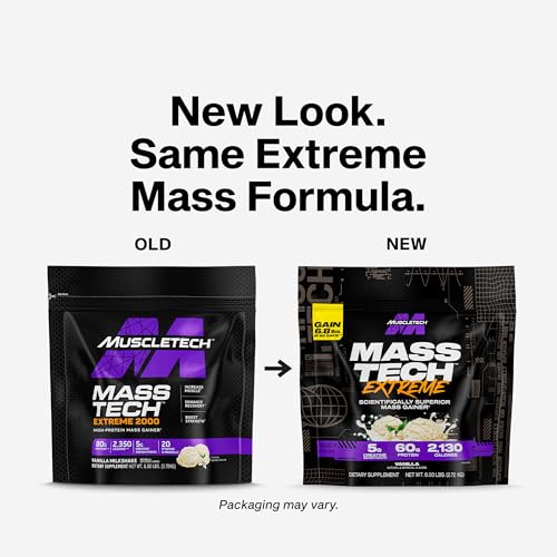 Close-up of Mass Tech Extreme 2000 tub label highlighting protein and carb blend.