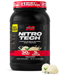 MuscleTech Nitro-Tech Vanilla Cream bottle with scoop showing premium protein for post‑workout recovery