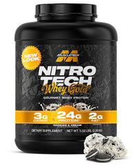MuscleTech Nitro-Tech Whey Gold cookies-cream tub supports lean muscle growth